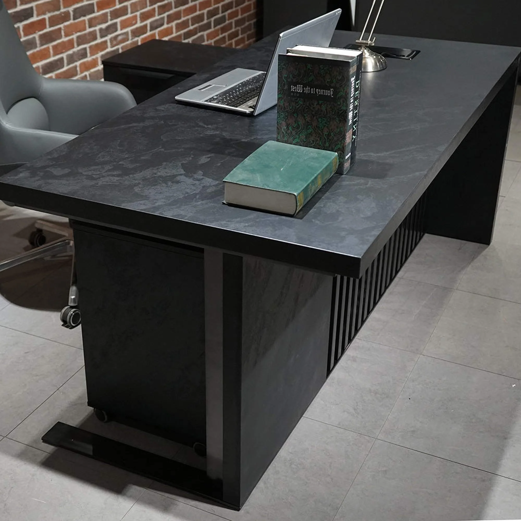 AFTAN Black Executive Desk with Pedestal & Left Mobile Return 180cm - Black Concrete - Image 4